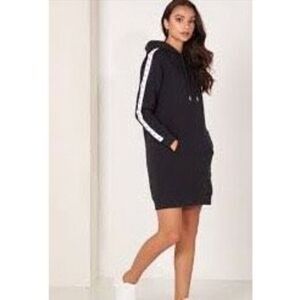 Calvin Klein XS Track Stripe Hoodie Sweatshirt Dress Black Sporty Streetwear NWT
